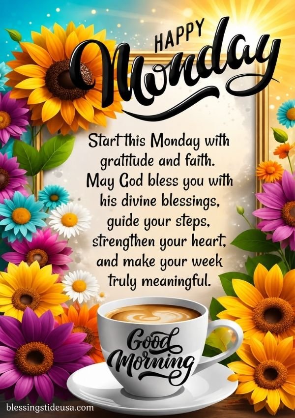 Thankful Monday Blessings​ with monday morning blessings, a cup of tea, and flowers