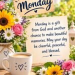 Happy Monday Greetings And Blessings with monday afternoon blessings, a cup of tea and beautiful sunflowers.