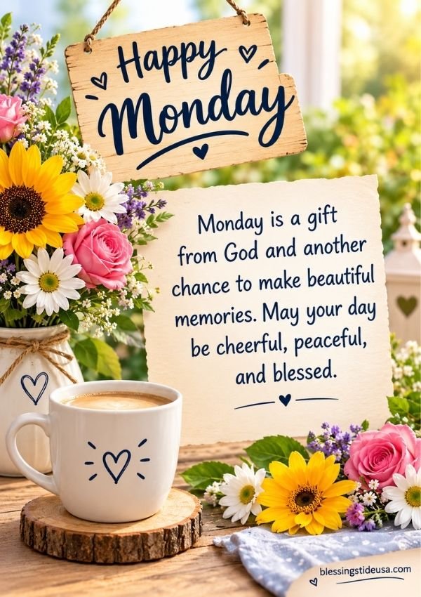 Happy Monday Greetings And Blessings with monday afternoon blessings, a cup of tea and beautiful sunflowers.