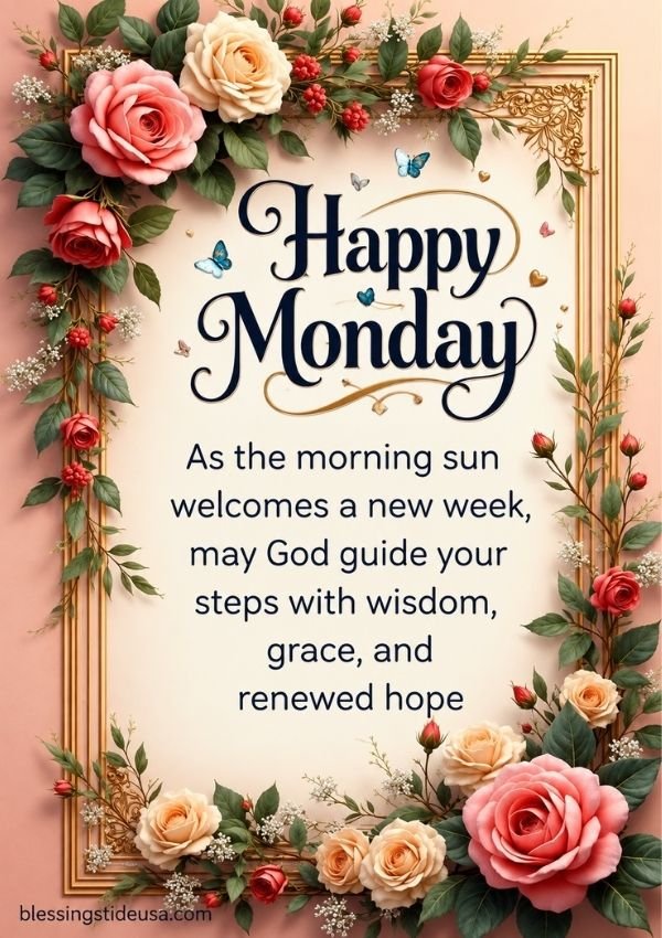 Happy Monday Blessings​ with Monday greetings and flowers